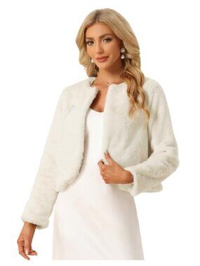 Faux Fur Bolero Shrug Cropped Jacket Wedding Coat Open Front Long Sleeve